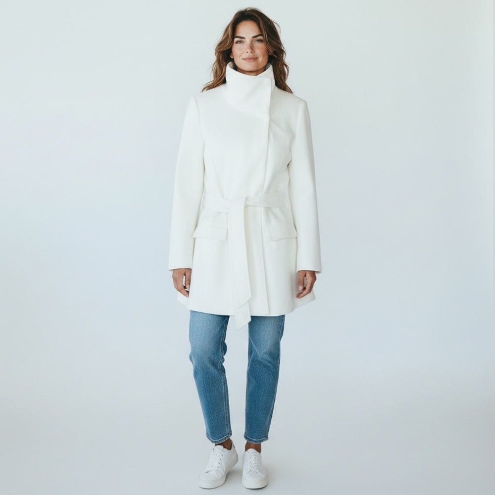 Elegant White/Ivory Belted Winter Coat / Sz M